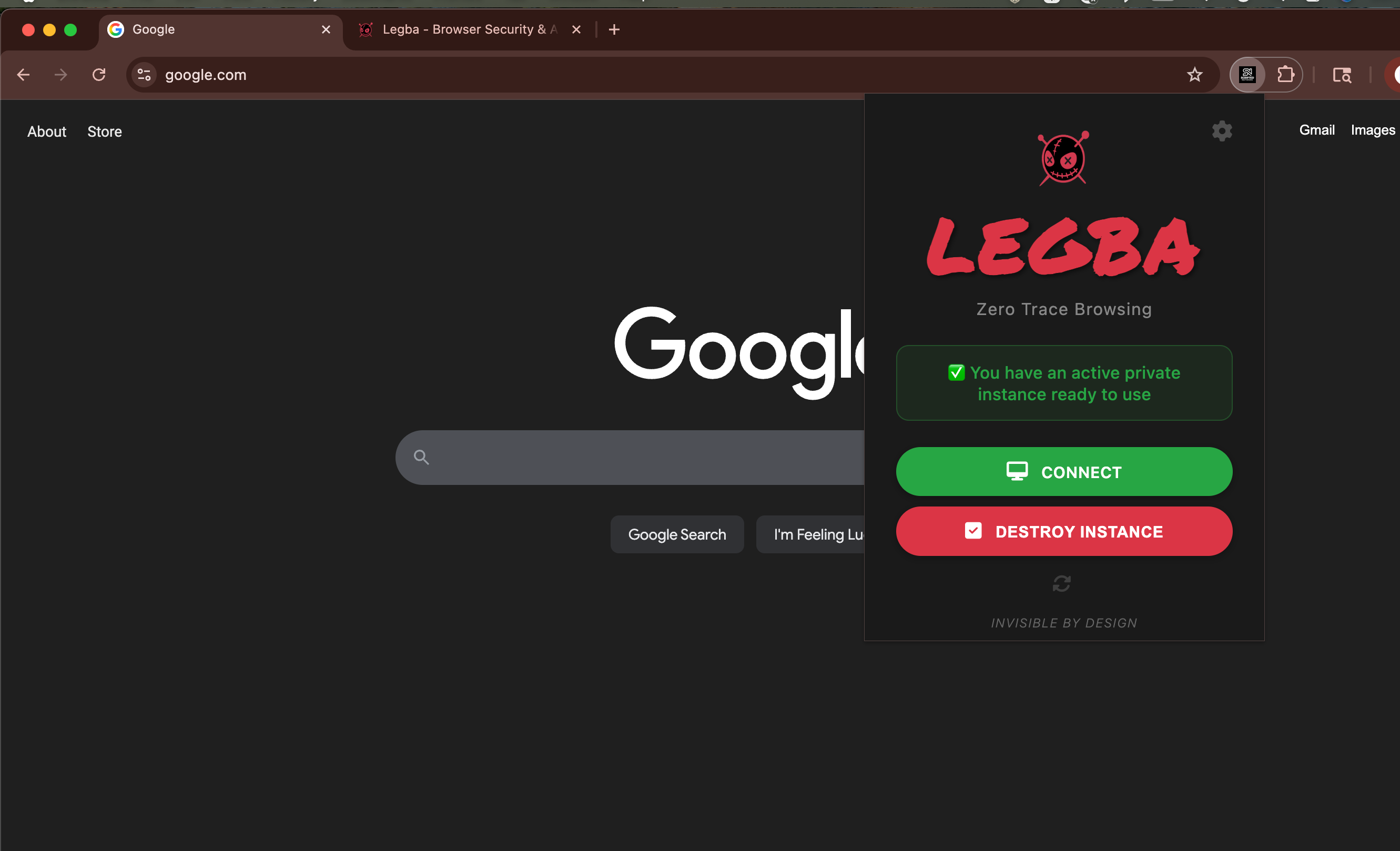 Legba Chrome Extension interface showing Zero Trace Browsing with active private instance and connect/destroy controls