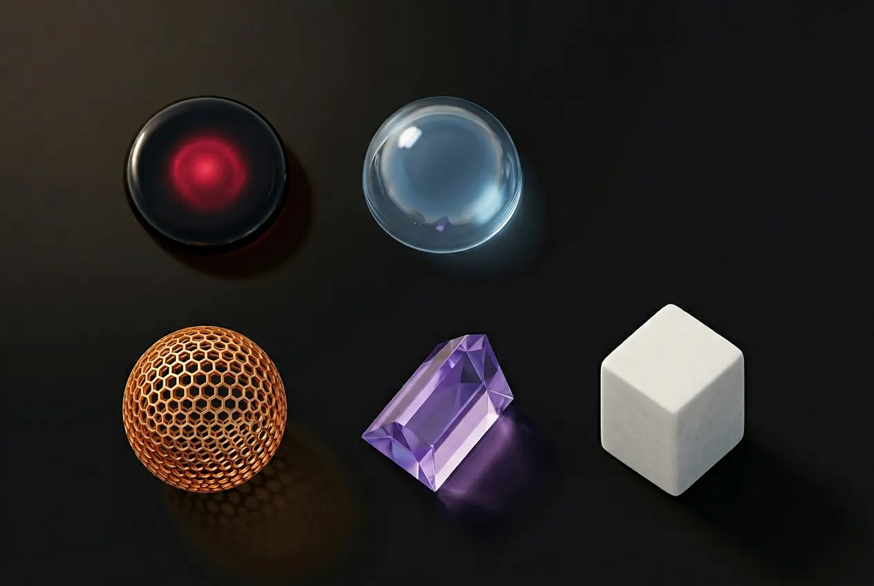 Five distinct geometric objects arranged on a dark surface: an obsidian disc, a glass dome, a honeycomb sphere, a crystal prism, and a white monolith