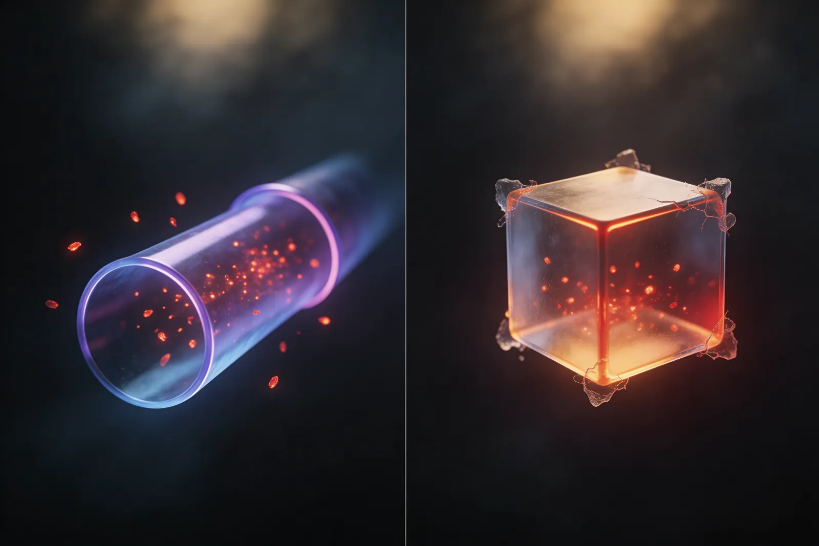 Split comparison: a transparent VPN tunnel with threat particles passing through versus a sealed isolation cube containing them