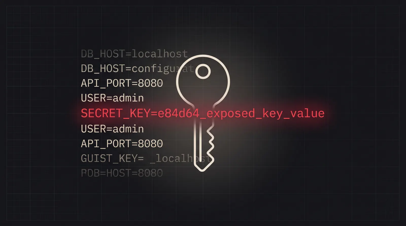 Dark editorial illustration of a key icon dissolving into config-file lines and a faint blueprint grid, with a crimson highlight marking an exposed credential