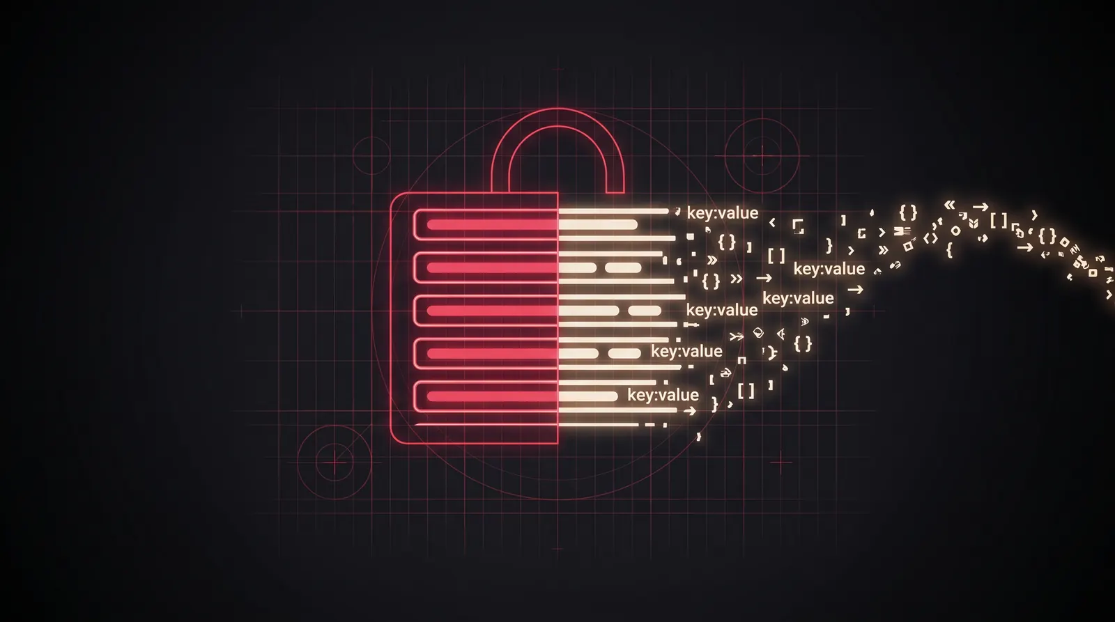 Dark editorial illustration of a glowing crimson database table whose locked rows dissolve into an open REST endpoint over a faint blueprint grid