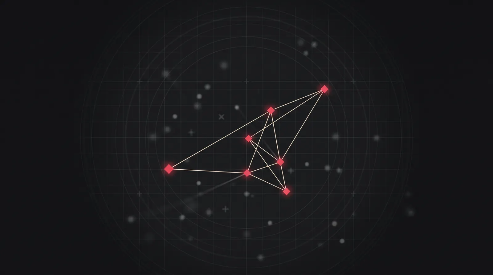 Dark editorial illustration of a blueprint-grid attack surface where most detection markers fade to gray noise and a few crimson nodes remain as validated findings