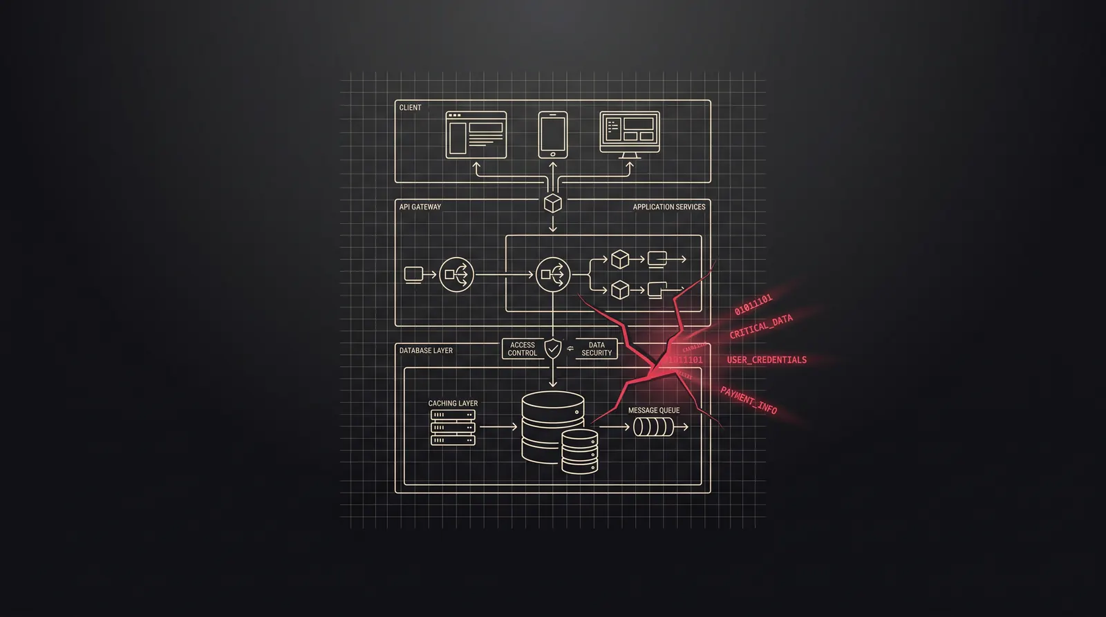 Dark editorial illustration of an AI-generated application blueprint on a near-black grid, with a crimson fracture line running through a database access-control layer, symbolizing missing row-level security in vibe-coded apps