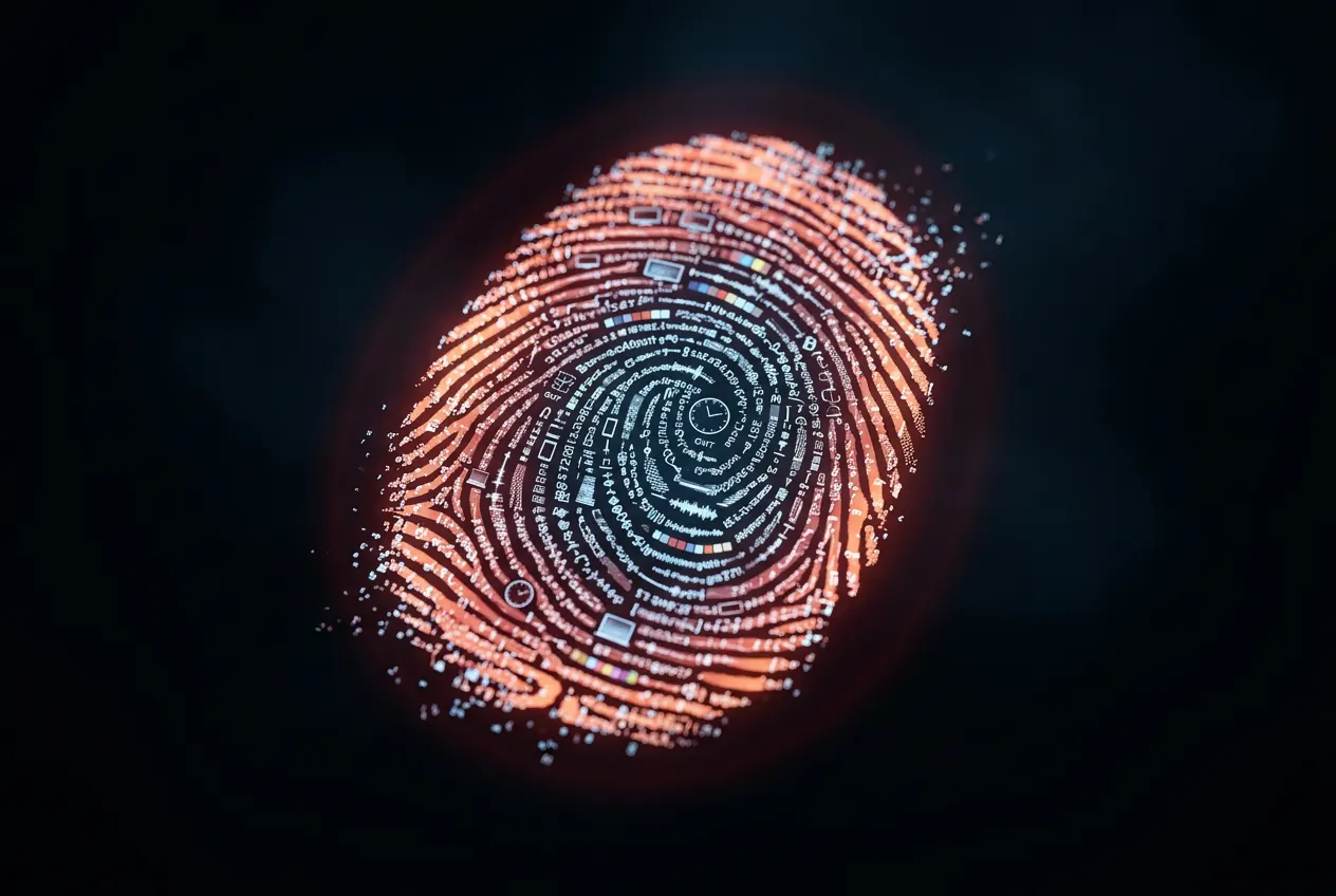 A digital fingerprint glowing in orange-red, its ridges composed of tiny data elements and device signals