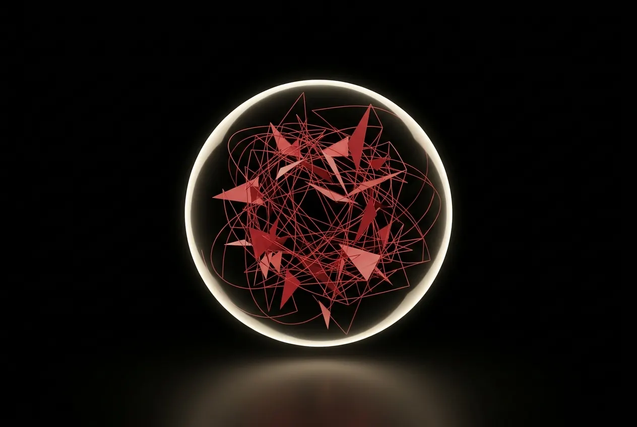 Red chaotic geometric fragments contained inside a glowing sphere, representing threats isolated from the outside