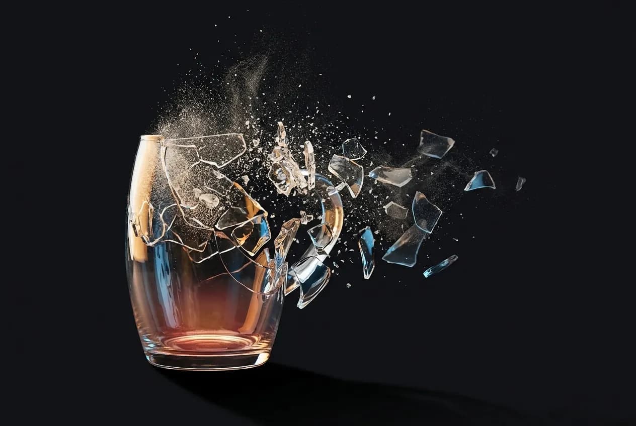 A glass cup shattering in slow motion, fragments dissolving into particles against a dark background