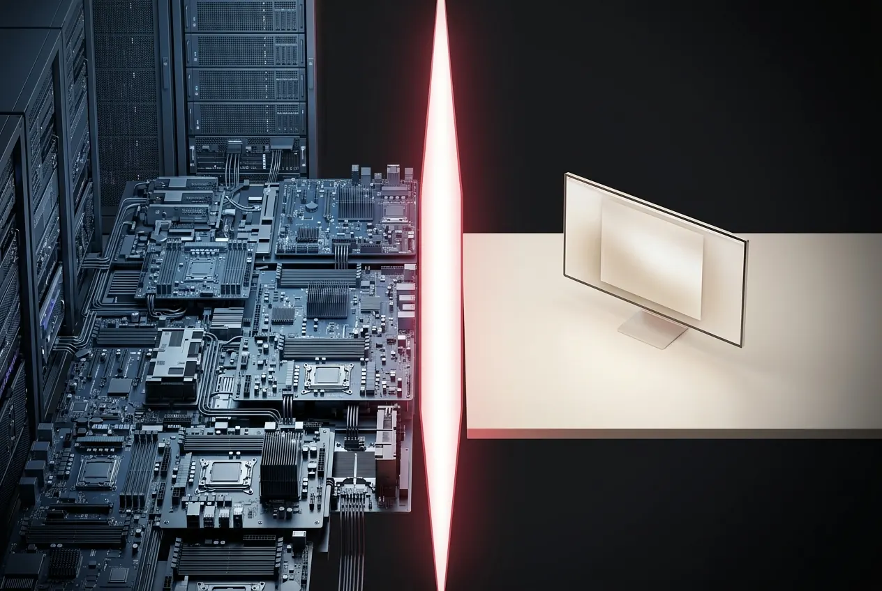 Split view: complex server infrastructure on the left separated by a glowing red barrier from a clean minimal monitor on the right