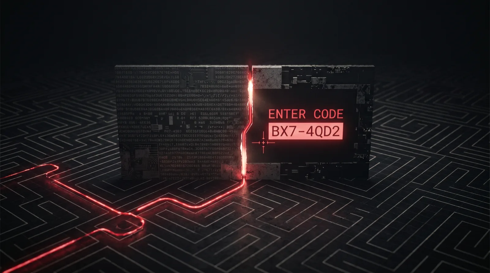 Encrypted ciphertext resolving into a Microsoft device code prompt along a glowing red attack route in a dark maze