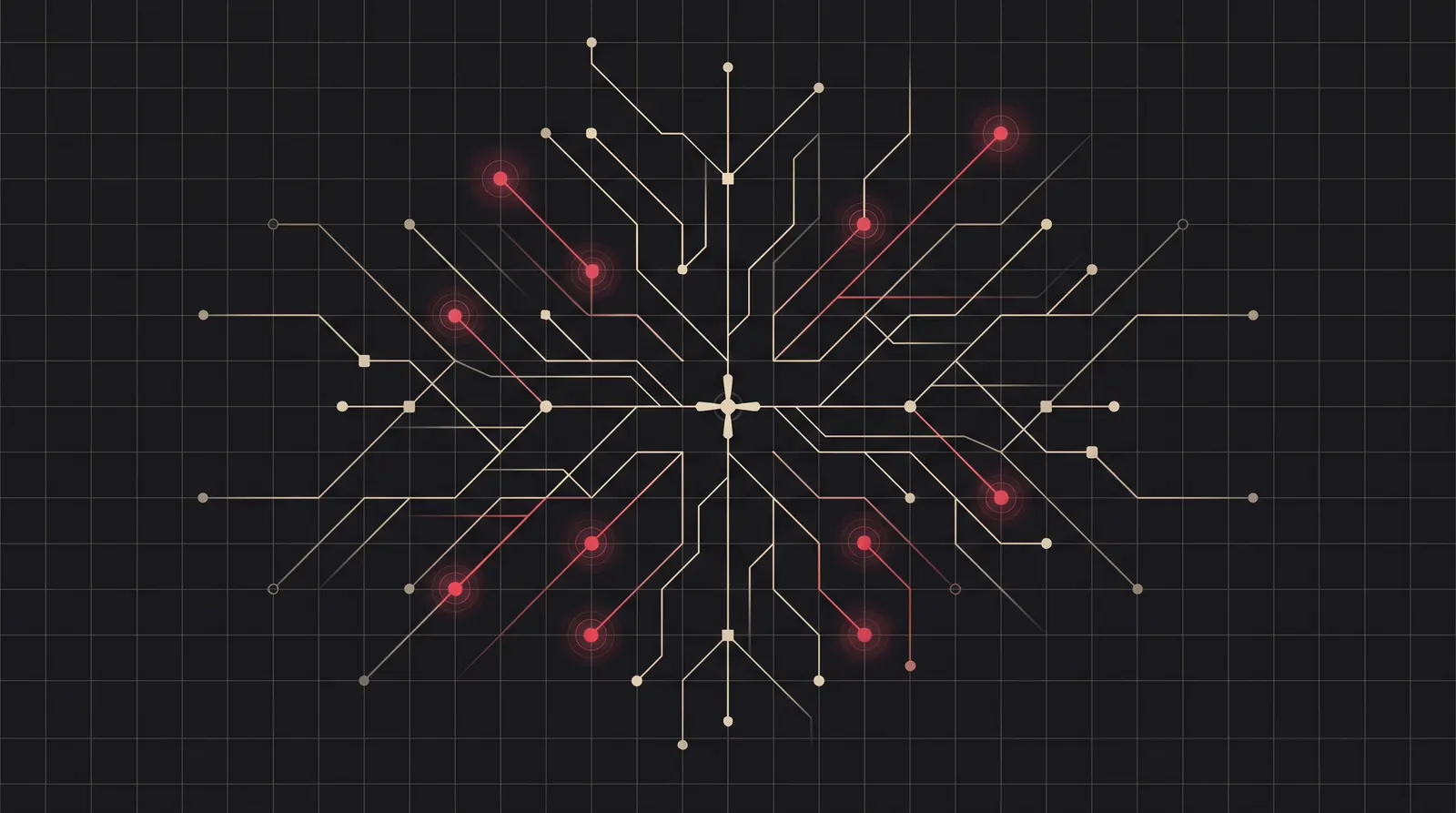 Dark editorial illustration of an organization's external attack surface as an expanding blueprint-grid network of internet-facing nodes, with a few crimson-highlighted nodes marking validated exposures