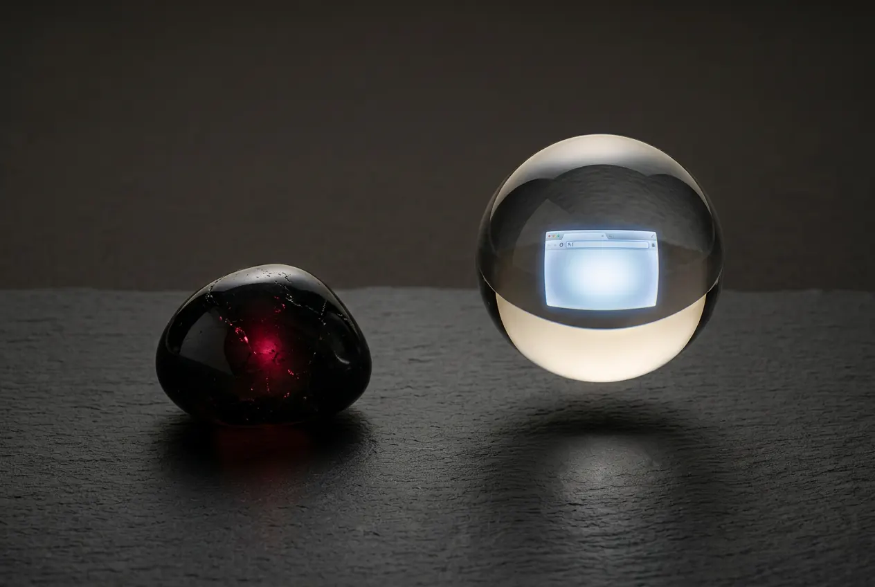 Two objects on a dark surface: an obsidian stone with a red glow and a clear glass sphere with a browser window inside