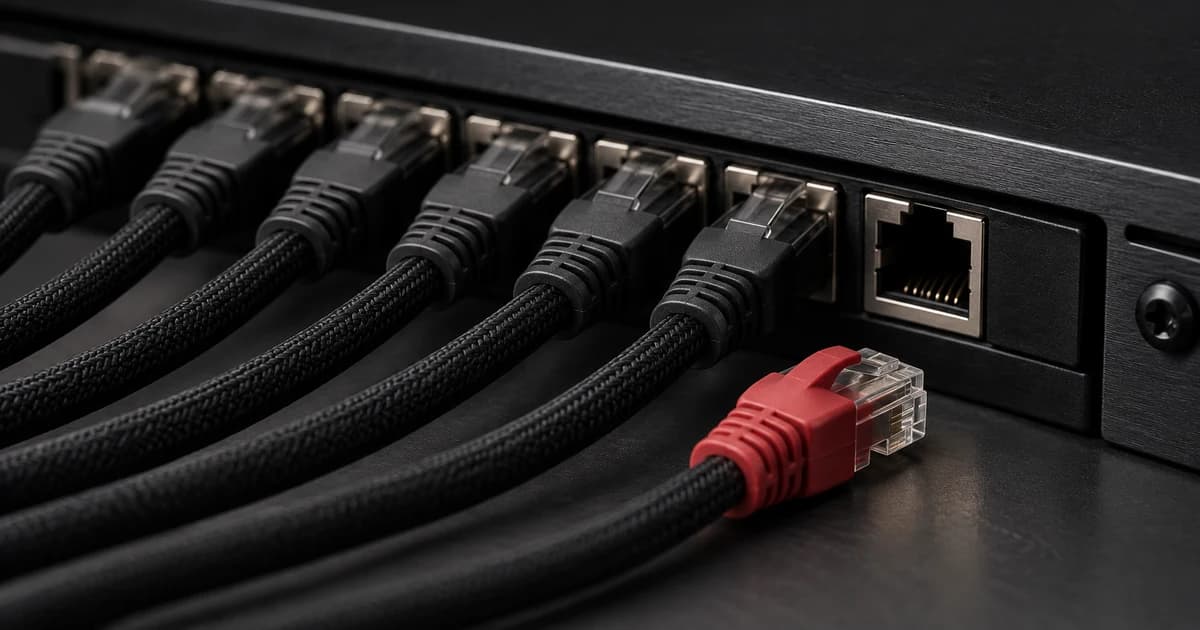 A red network cable disconnected beside connected black cables on a dark patch panel