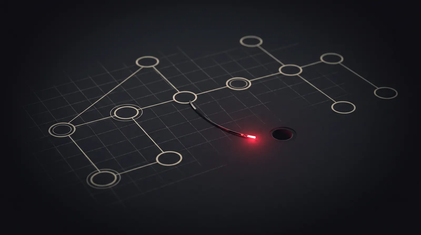 Dark editorial illustration of a blueprint-grid DNS zone with a broken crimson connector dangling from a node where a cloud resource used to be, on a near-black background