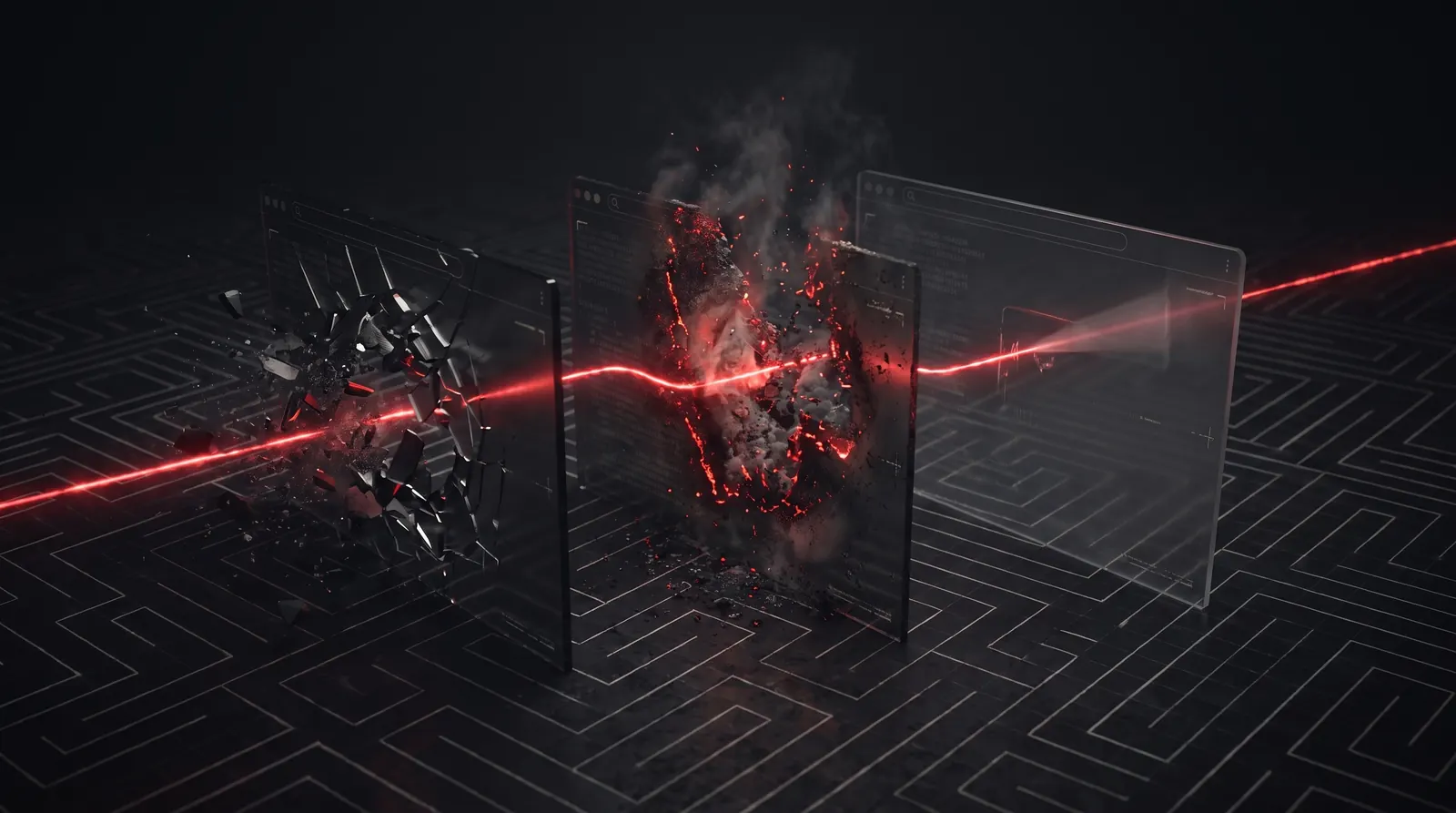 Three isolated browser sessions labeled throwaway, burner, and temporary following separate red routes through a dark maze