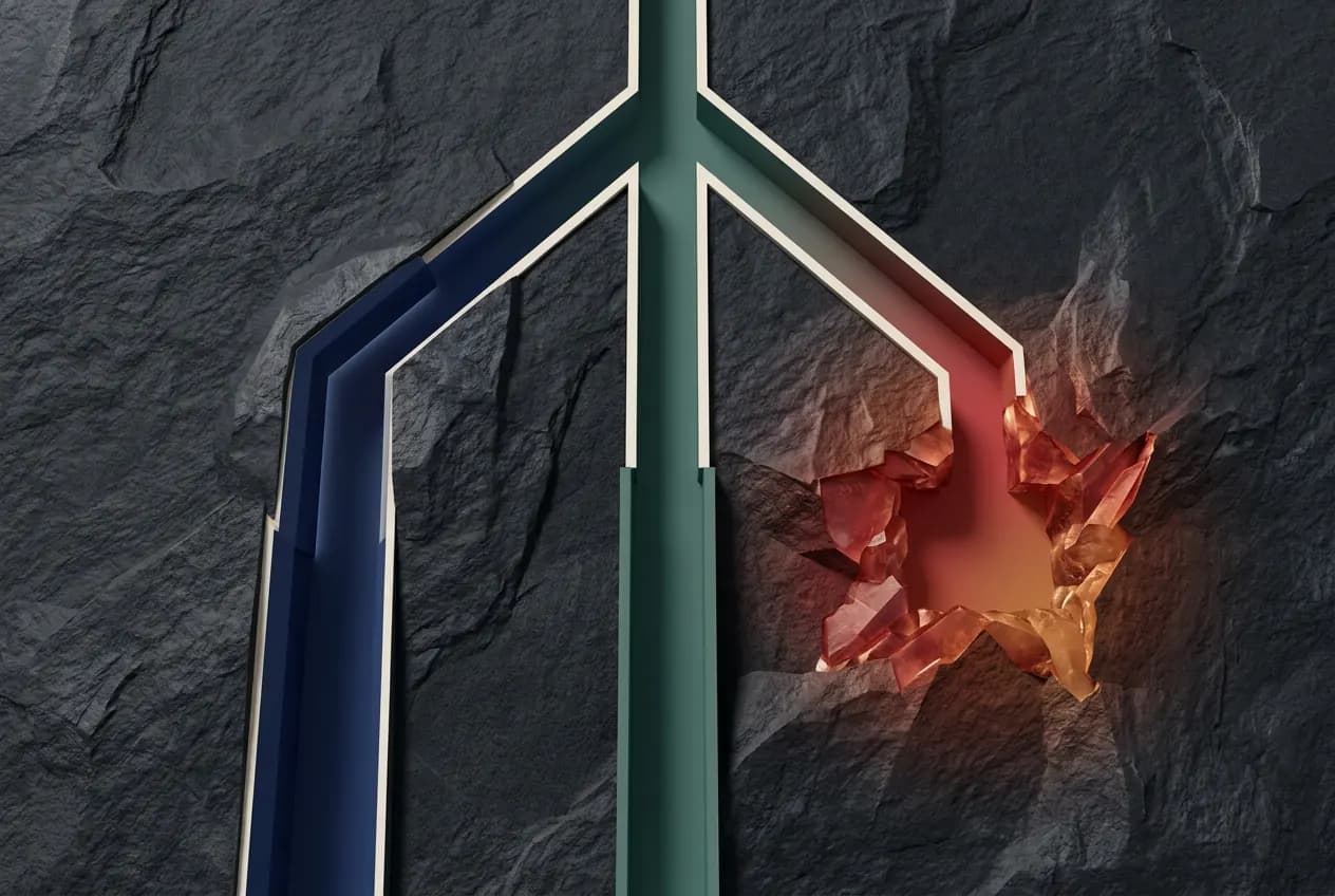 Three branching pathways on dark stone: a sealed blue tunnel, an open green channel, and a crystalline red isolation chamber
