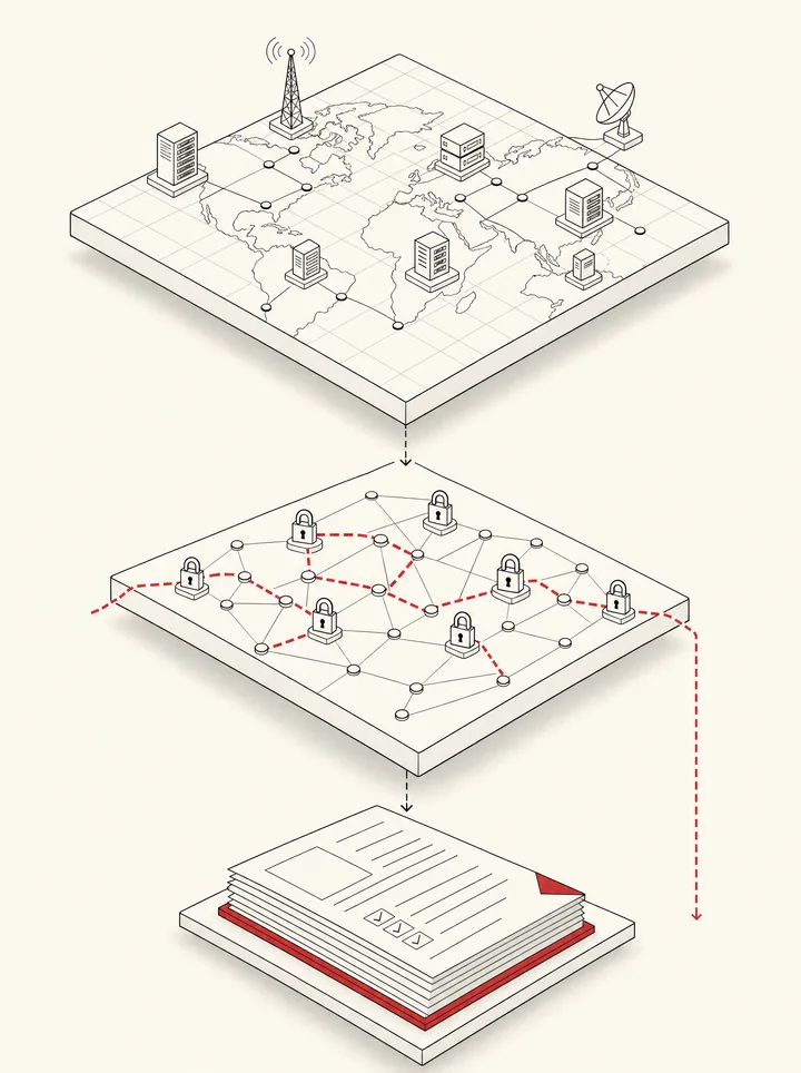 Three-stage Adversary pipeline: external surface map at the top, a network of locked nodes traced by a red dashed validation route in the middle, and a structured report on a red-trimmed base at the bottom.