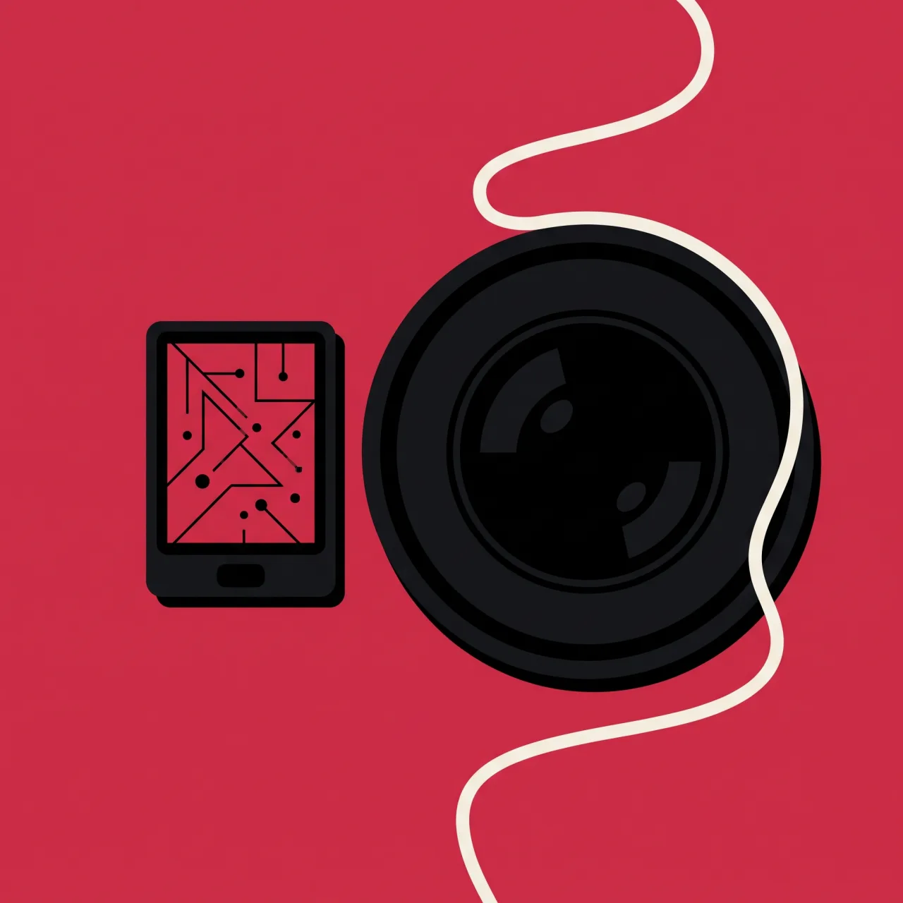 A red device authentication prompt slipping past a dark, blind surveillance lens