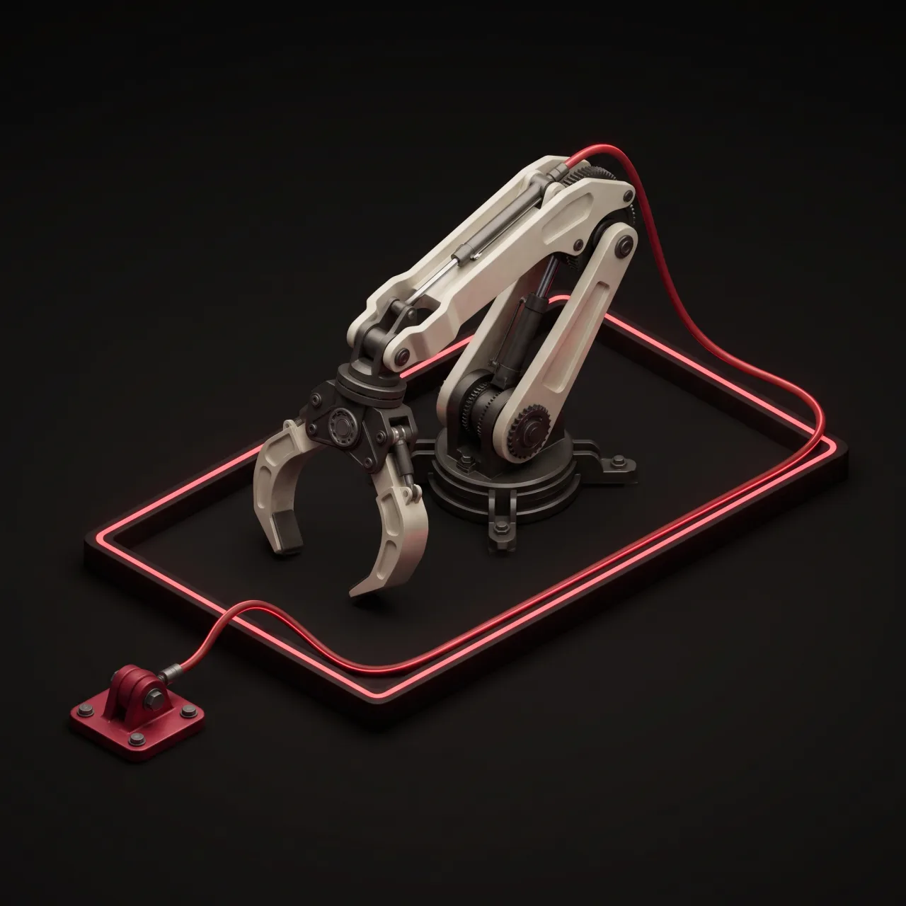 A robotic claw contained inside a red-outlined sandbox cell, tethered by a red cable