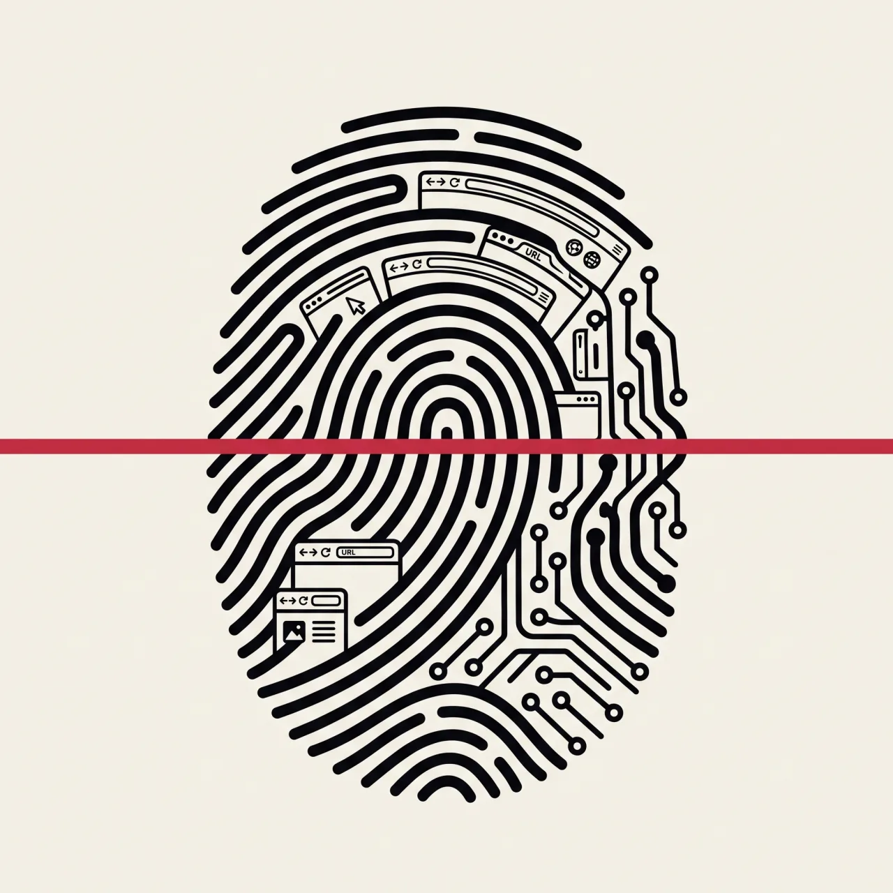 A black fingerprint whose ridges morph into browser windows and circuit traces, crossed by a red scan line