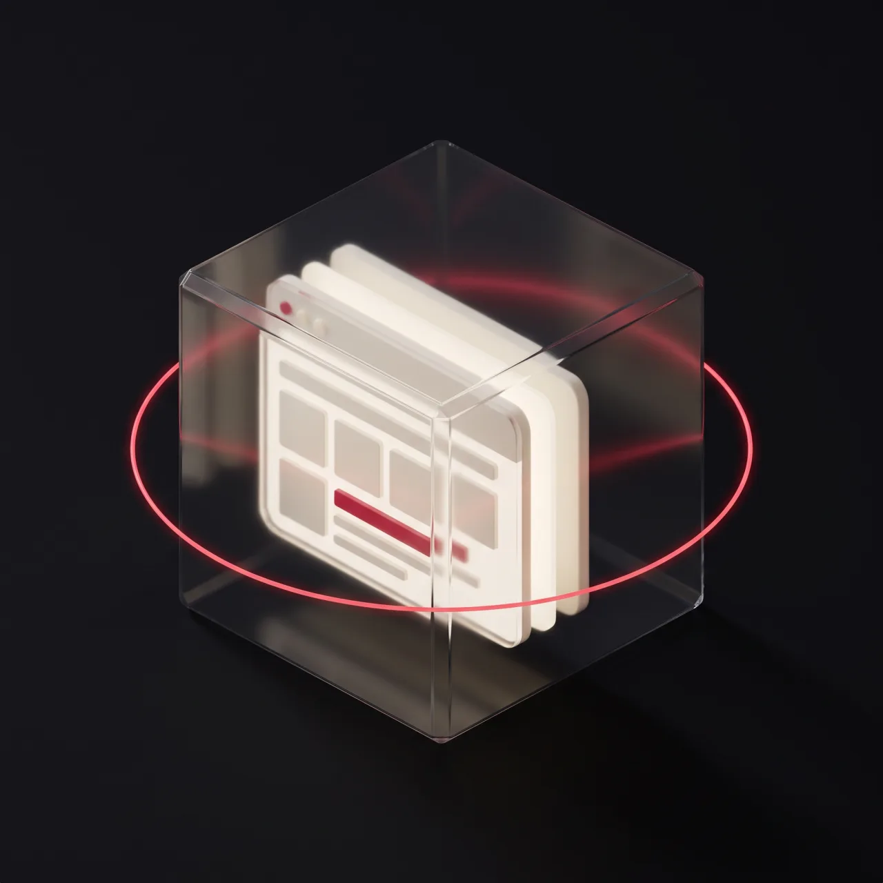 A browser window sealed inside a glass containment cube ringed by a red security perimeter