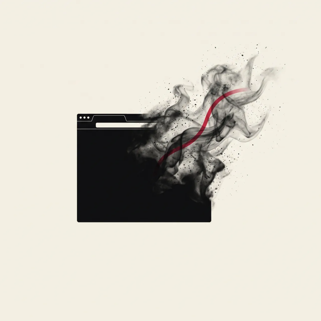 A browser window dissolving into embers at the end of a dark corridor as a red trace evaporates