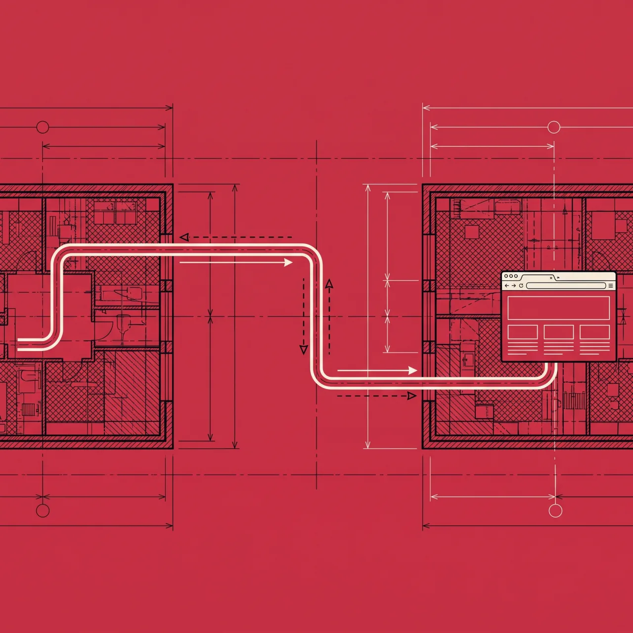 Blueprint schematic of a browser rendered on a remote node, linked across a gap by a red data conduit