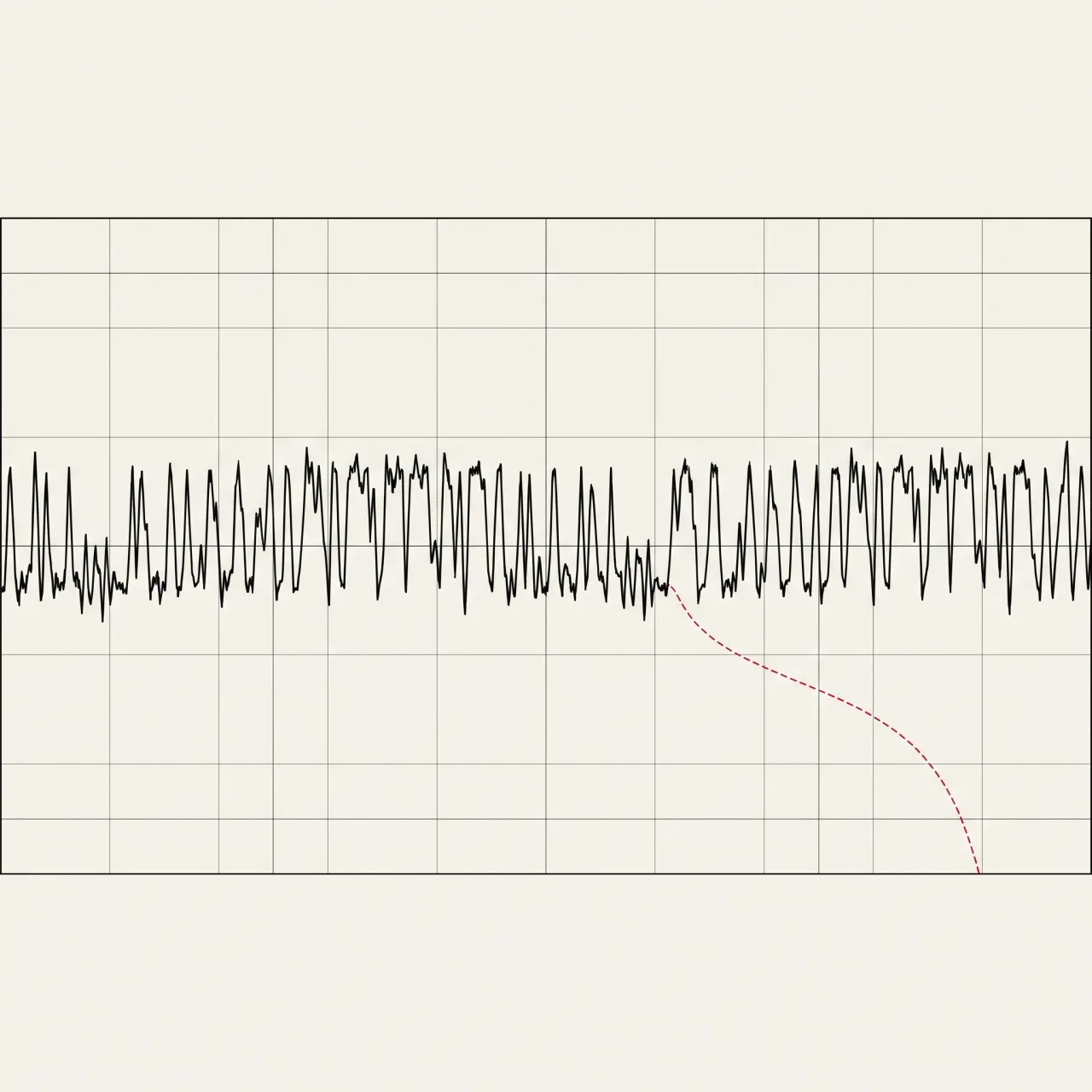An encrypted red signal waveform with a faint dashed tendril siphoning off a leaked copy