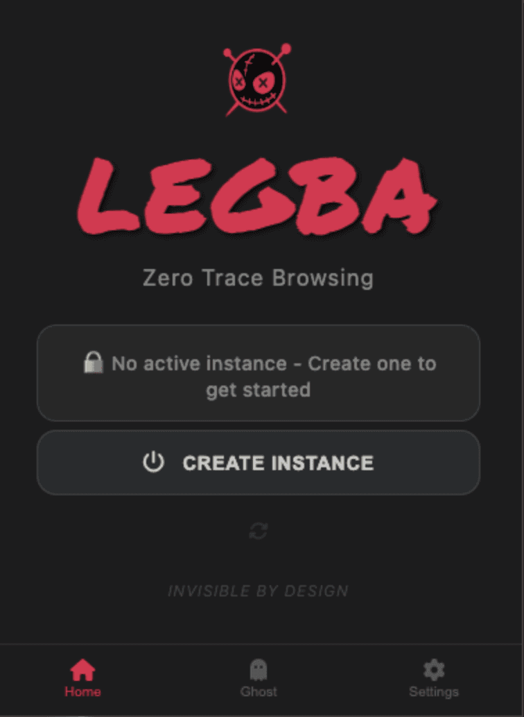 Legba home screen with no active instance and a create instance button