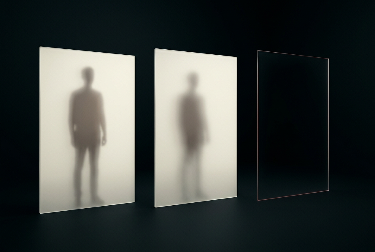 Three frosted glass panels in a row: visible silhouette behind the first, faint silhouette behind the second, empty void behind the third