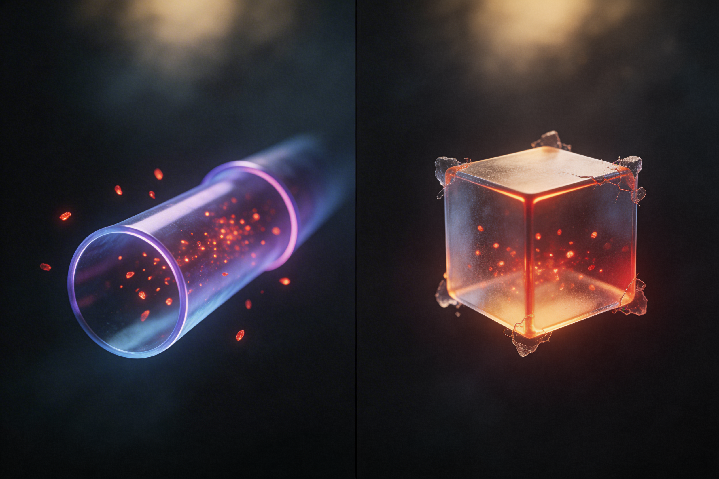 Split comparison: a transparent VPN tunnel with threat particles passing through versus a sealed isolation cube containing them